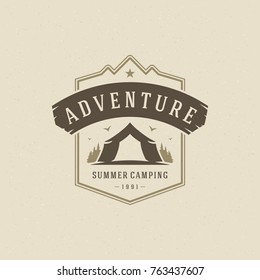Forest camping logo emblem vector illustration. Outdoor adventure leisure, Tent and pine trees silhouettes shirt, print stamp. Vintage typography badge design.