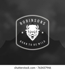 Forest camping logo emblem vector illustration. Outdoor adventure leisure, bison head silhouette shirt, print stamp. Vintage typography badge design.