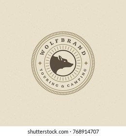 Forest camping logo emblem vector illustration. Outdoor adventure leisure, Wolf head silhouette shirt, print stamp. Vintage typography badge design.