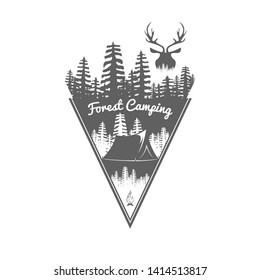 Forest camping logo with tent, deer and pine trees. Monochrome outdoors travel emblem in vintage design. Wilderness camp triangle badge in unusual hipster style. Stock vector isolated on white.