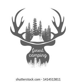 Forest camping logo. Unusual double exposure badge concept with deer, tent and forest. Hand drawn outdoors travel emblem in hipster style. Monochrome design for prints, t shirts. Isolated vector.
