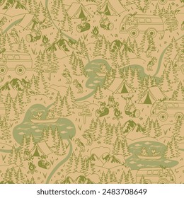 Forest Camping Karte Nahtlose Linie Zeichenmuster