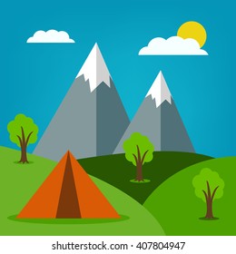 Forest camping and mountain hiking vector background.