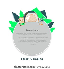 Forest Camping near mountains in flat style. Camping and traveling graphic design. Wilderness adventure hiking camp at the mountain with tourist tent, backpack and fire. Vector Illustration template