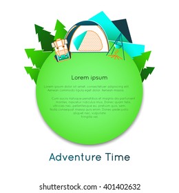 Forest Camping near mountains in flat style. Camping and traveling graphic design. Wilderness adventure hiking camp at the mountain with tourist tent, backpack and fire.