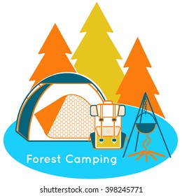Forest Camping near the wood in the evening. Camping graphic design emblem. Wilderness adventure hiking camp at the mountain with grey and orange tourist tent, backpack and fire. Vector Illustration