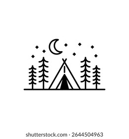 Forest Camping Night Scene, Tent under Moon and Stars Line Art, Outdoor Nature Icon, Adventure Night Camp Illustration