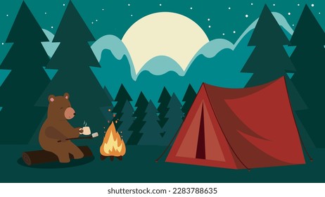 Forest camping at night time illustration. Huge moon and stars on the sky. Bear is camping in the forest. 