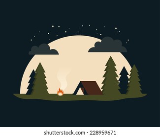 Forest camping in the night. Vector illustration.