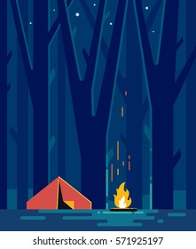 Forest camping in the night. Vector illustration.