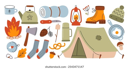 Forest camping outdoor adventure and hiking travel clothing, accessories and supplies isolated set. Map, tent, campfire, utensils, compass, axe, knitted socks and hat, boots vector illustration