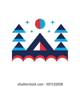 Forest camping outdoor. Flat design vector icon.