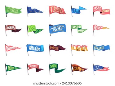 Forest camping pennants. Summer wilderness expedition badges with hiking equipment and campfire. Vector flat banner with hiking motto and exploration concept of outdoor pennant adventure illustration