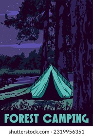 Forest Camping poster retro, night camping outdoor travel. Tourism hiking summer forest, vector illustration