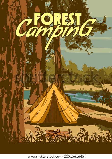 Forest Camping poster retro,\
camping outdoor travel. Tourism hiking summer forest, vector\
illustration