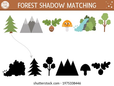 Forest or camping shadow matching activity with cute nature elements. Family nature trip puzzle with mountains, mushrooms, trees, waterfall. Find the correct silhouette printable worksheet. 

