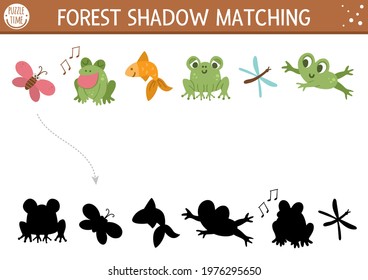 Forest or camping shadow matching activity with cute animals. Family nature trip puzzle with frogs, fish, butterfly, dragonfly. Find the correct silhouette printable worksheet or game. 
