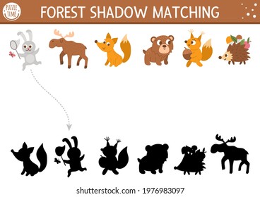 Forest or camping shadow matching activity with cute animals. Family nature trip puzzle with moose, fox, bear, rabbit, fox, squirrel, hedgehog. Find the correct silhouette printable worksheet. 


