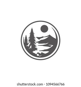Forest camping shape isolated on white background vector illustration. Pine tree and mountains vector graphic silhouette. Forest camping shape isolated on white background vector illustration. Pine tree and mountains vector graphic silhouette.