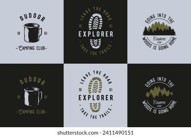 Forest camping for travel print. Outdoor hiking and expedition for traveler and tourist. Graphic design for outdoor adventure. Sport activity