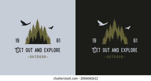 Forest camping for travel print. Timber hiking and expedition for traveler and tourist. Graphic design for outdoor adventure. Sport activity