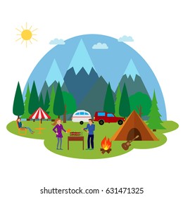 Forest camping vector concept with tourist tent.Illustration of camping tents near the mountain