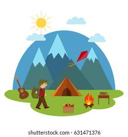 Forest camping vector concept with tourist tent.Illustration of camping tents near the mountain