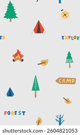 forest camping vector elements seamless pattern, jungle inspired hand drawn pattern, adventure 