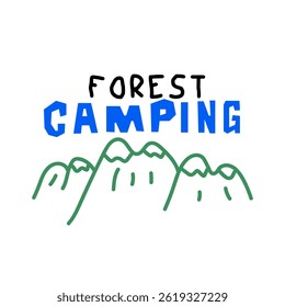 Forest camping vector illustration. Mountain adventure background in retro hipster style. Hand drawn emblem designs for shirts, stamps, stickers, logos and labels