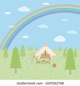 Forest campsite landscape with rainbow