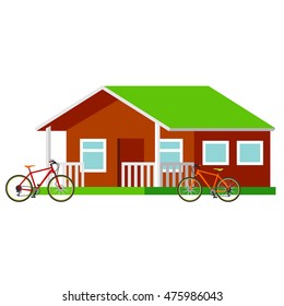 Forest campsite - Small house for tourists. Traveling by bicycle. Vector flat Illustration. Web graphics, banners, advertisements, business templates. Isolated on a white background.