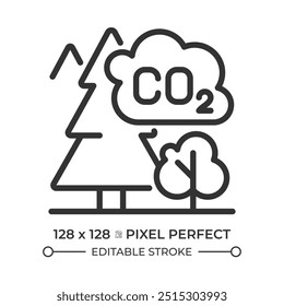 Forest carbon linear icon. CO2. Carbon dioxide. Climate change. Environmental impact. Carbon absorption in forest. Thin line illustration. Contour symbol. Vector outline drawing. Editable stroke