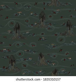 Forest carpet with moss and mushrooms. Tree stumps and forest flora. Wild nature seamless pattern. 