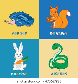 Forest cartoon animal hedgehog, squirrel, snake, rabbit isolated on colorful background with text, Vector doodle, Character design for greeting card, children invite, baby shower, creation of alphabet