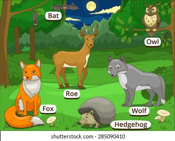 Forest with cartoon animals with names educational game vector llustration