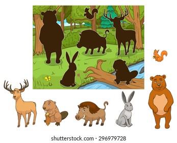 Forest cartoon animals with shadows educational game vector illustration