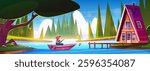 Forest cartoon landscape with fisherman catching fish on blue lake beside log cabin. Bearded man sitting in boat, cozy wooden house with pier, green trees and grass surrounding water of river.