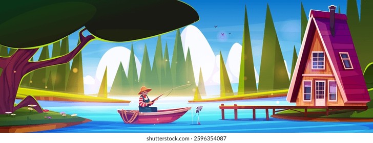 Forest cartoon landscape with fisherman catching fish on blue lake beside log cabin. Bearded man sitting in boat, cozy wooden house with pier, green trees and grass surrounding water of river.