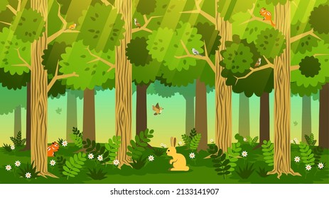 Forest cartoon landscape with trees, grass, animals and birds. Cartoon green forest. Vector image.