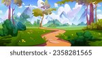 Forest cartoon landscape with walking path among green trees, bushes and grass with flowers on background of rocky mountains and sky with clouds. Vector illustration of summer woodland scenery.