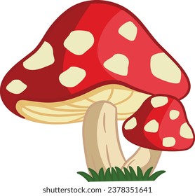 Forest Cartoon Mushrooms Amanita. Vector Illustration of Fairy Mushrooms with Red Hat and White Dots