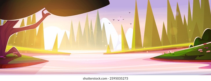 Forest cartoon scene at sunrise with pink reflection on water surface of lake. Morning light illuminating trees, green grass and blossoms on riverbank, flying birds in dawn sky. Calm outdoor scenery.