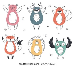 Forest cartoon sketch animal line art isolated design element set