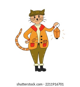 Forest cat with striped tail holds lantern in paw. Vector colorful isolated illustration hand drawn doodle. Cute animal in hat and rubber boots with autumn leaf and sprig of rowan in pockets