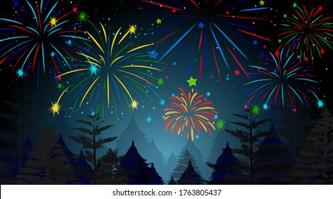 Forest with celebration fireworks scene illustration