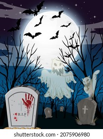 Forest cemetery at night with full moon illustration
