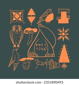 Forest characters stylized with ornaments. Signs of the Sun, woodsman, mushrooms, chanterelles, owls, bullfinches, woodpeckers, ants. Art poster, postcard. Vector illustration