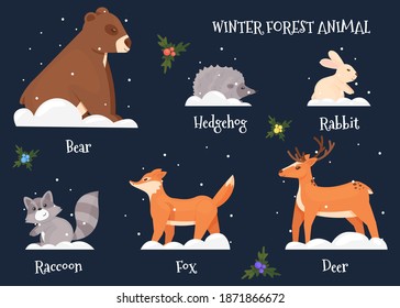 Forest Christmas 2021
A set of cute animals: bear, fox, wolf, deer, hare, hedgehog, placed on a dark blue background and signed
Vector illustration