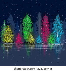 Forest in christmas lights by the lake. Falling snow. Vector