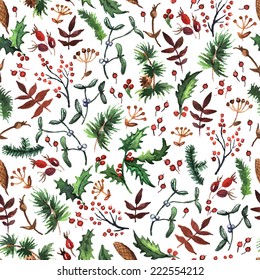 Forest Christmas pattern. Hand painting. Watercolor.  Seamless pattern for fabric, paper and other printing and web projects.